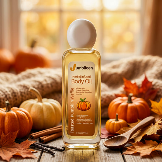 A bottle of Jumbileen Herbal Infused Body Oil, specifically Toasted Pumpkin Waffle scent, styled on a rustic wooden table with autumn props including pumpkins, cinnamon sticks, vanilla beans, and fall leaves. The background features a cozy, warm, out-of-focus window and knitted blanket.