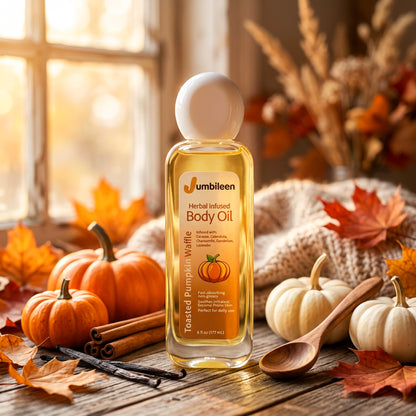 A bottle of Jumbleen Herbal Infused Body Oil, specifically Toasted Pumpkin Waffle scent, displayed on a rustic wooden table surrounded by autumn decorations including pumpkins, fall leaves, cinnamon sticks, and a wooden spoon.