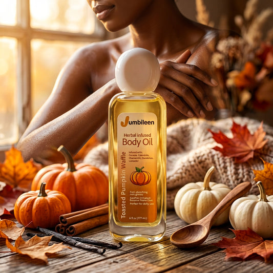 A bottle of Jumbleen Herbal Infused Body Oil stands on a rustic wooden table surrounded by autumn leaves, small pumpkins, cinnamon sticks, and a wooden spoon, with a woman in a cozy sweater blurred in the background.